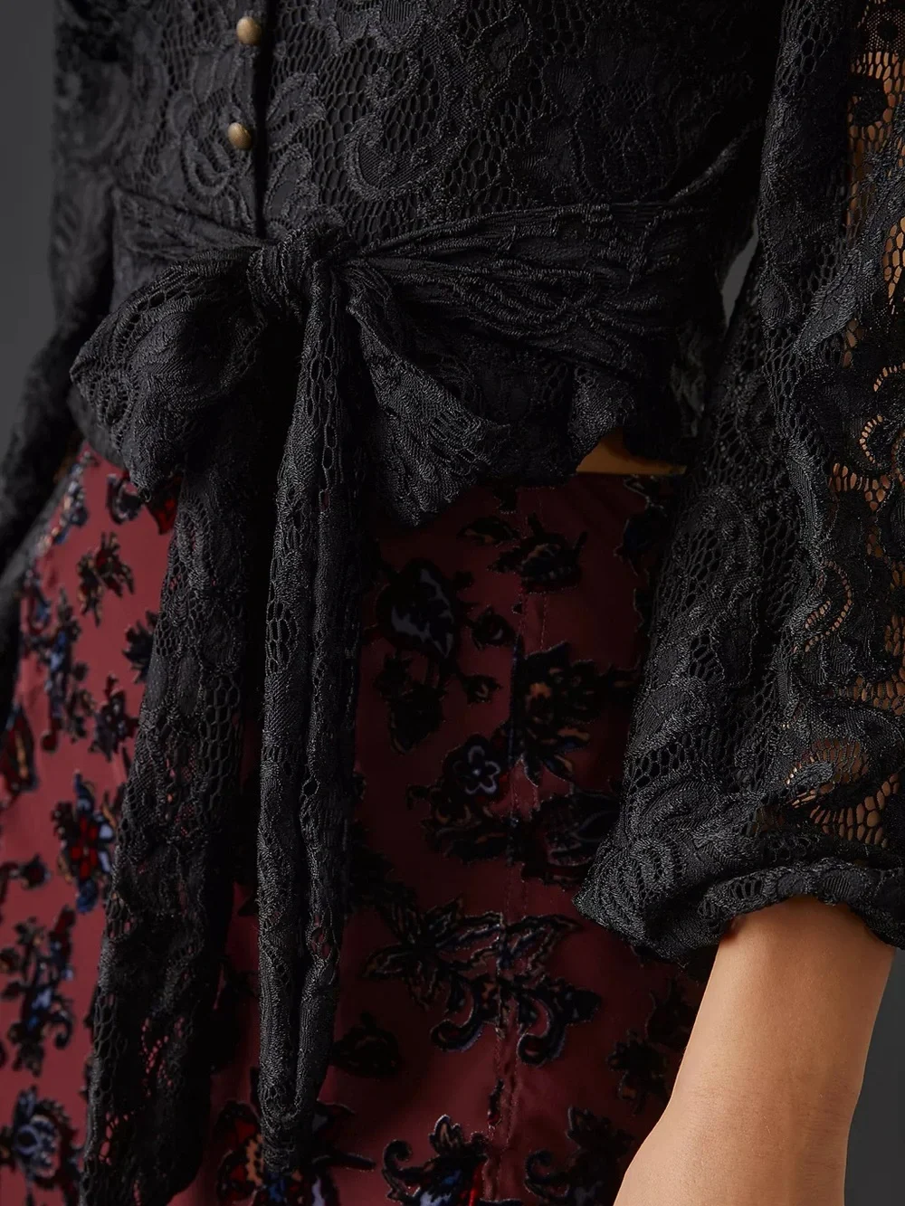By Anthropologie Balloon-Sleeve Black Lace Tie Waist Blouse Size XS